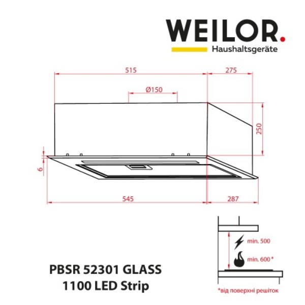 Фото - Витяжка вбудована Weilor PBSR 52301 GLASS BL 1100 LED Strip