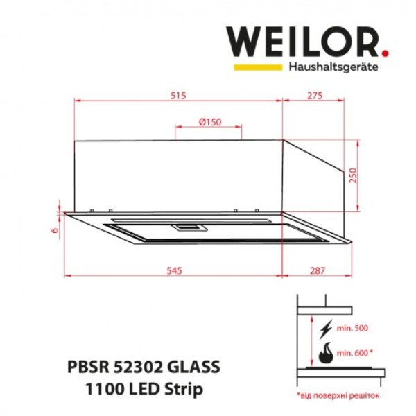 Фото - Вытяжка встраиваемая Weilor PBSR 52302 GLASS FBL 1100 LED Strip