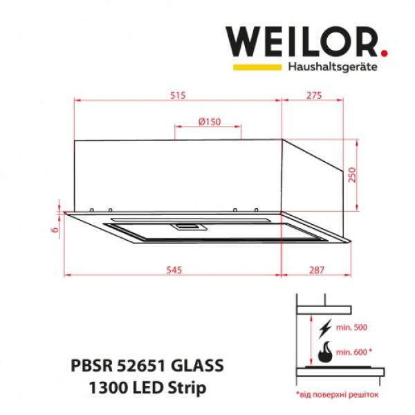 Фото - Вытяжка встраиваемая Weilor PBSR 52651 GLASS BL 1300 LED Strip