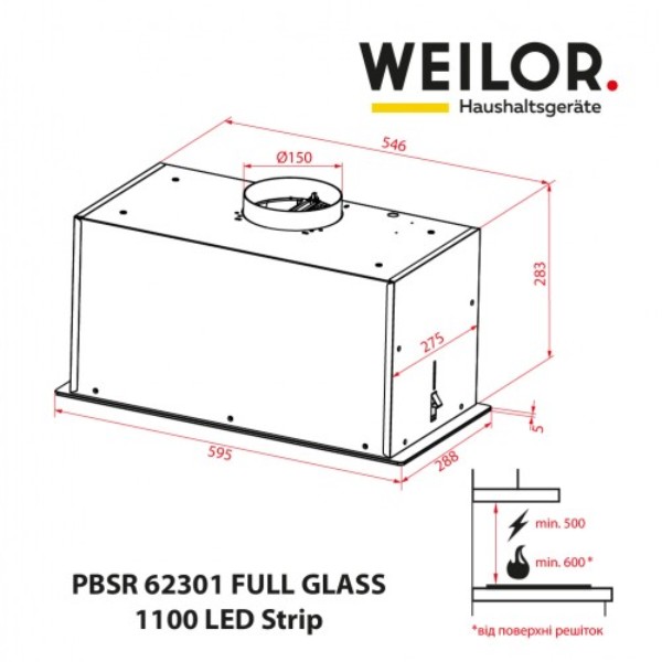 Фото - Вытяжка встраиваемая Weilor PBSR 62301 FULL GLASS WH 1100 LED Strip