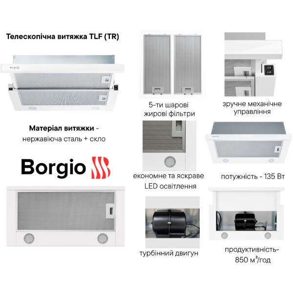 Фото - Витяжка вбудована Borgio TLF (TR) 60 White Glass