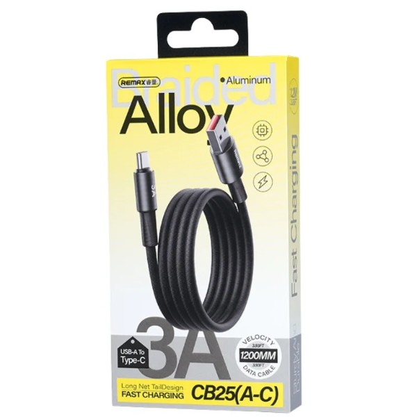 Фото - Кабель Remax WindSpeed Series Fast charging aluminum alloy braided data cable CB25 A-C) 3A - Black 1.2м (6954851247708)