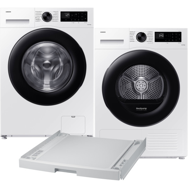 Фото - Комплект техники Samsung Стиральная машина с фронтальной загрузкой + Сушильная машина + Комплект креплений для установки в колонну Samsung WW11DG5B2FAELE + DV90CGC2A0AEUA + SKK-DD