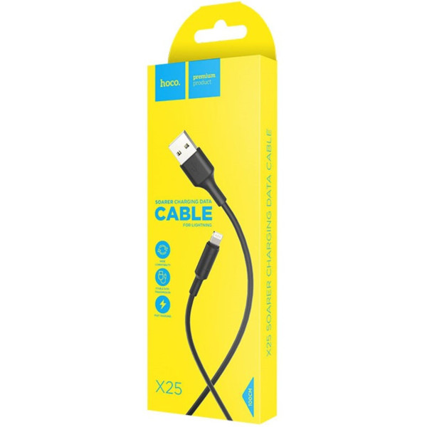 Фото - Кабель синхронізації даних HOCO X25 USB to iP 2A 1m, PVC PVC connectors, Black (6957531080107)