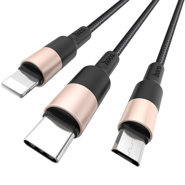 Фото - Кабель синхронізації даних HOCO X26 USB to iP+Type-C+Micro 2A, 1m Black+Gold (6957531080275)