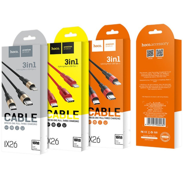 Фото - Кабель синхронізації даних HOCO X26 USB to iP+Type-C+Micro 2A, 1m Black+Gold (6957531080275)