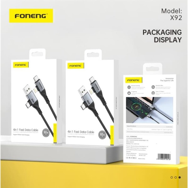 Фото - Кабель Foneng X92 4-in-1 (60W) USB/USB-C - USB-C/Lightning 1m Black (X92-CA-FIO)