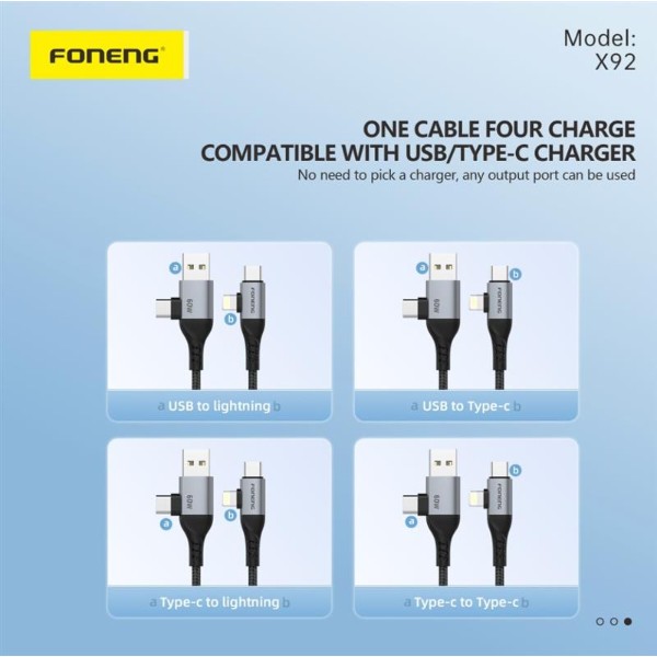 Фото - Кабель Foneng X92 4-in-1 (60W) USB/USB-C - USB-C/Lightning 1m Black (X92-CA-FIO)