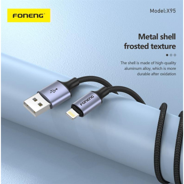 Фото - Кабель синхронізації даних Foneng X95 Metal Head Braided Cable (3A) USB - Lightning 1.2m Black (X95-CA-IP)