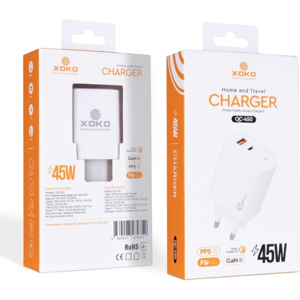 Фото - Сетевое зарядное устройство XOKO QC-450 GaN 45 Вт USB-C +USB-A White (XK-QC-450)