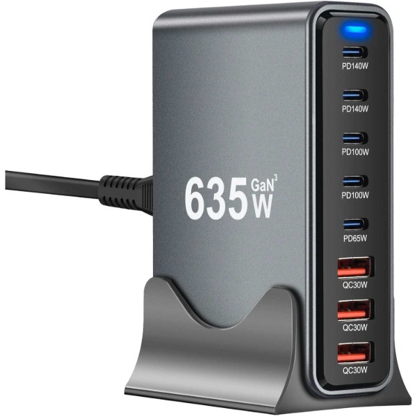 Фото - Мережевий зарядний пристрій XOKO QC-600 Gan3 635W вилка EU, 2xPD 3.1 140W, 2xPD 100W, 1xPD 65W, 3xUSB-A QC 30W Black