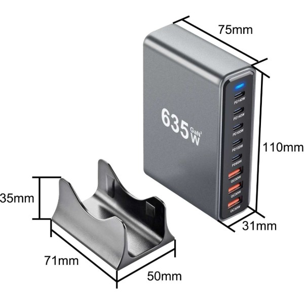 Фото - Мережевий зарядний пристрій XOKO QC-600 Gan3 635W вилка EU, 2xPD 3.1 140W, 2xPD 100W, 1xPD 65W, 3xUSB-A QC 30W Black