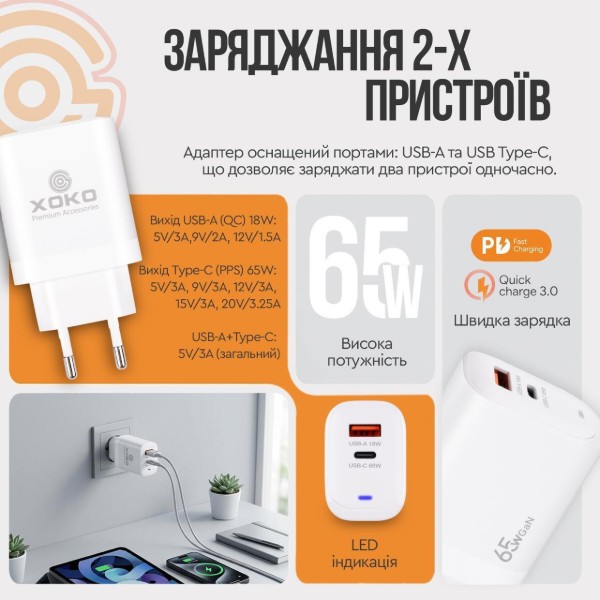 Фото - Сетевое зарядное устройство XOKO QC-620 GaN 65 Вт USB-C +USB-A White (XK-QC-620)