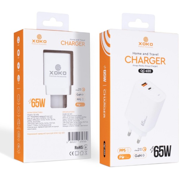 Фото - Сетевое зарядное устройство XOKO QC-620 GaN 65 Вт USB-C +USB-A White (XK-QC-620)