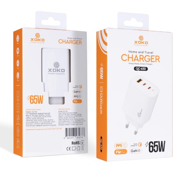 Фото - Сетевое зарядное устройство XOKO QC-630 GaN 65 Вт 2×USB-C +USB-A White (XK-QC-630)