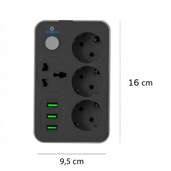 Фото - Мережевий фільтр XOKO 2 м 3 EU розетки 1 міжнародна розетка 3 USB Gray (XK-SP-3-3-1-SL)