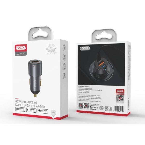 Фото - Автомобільний зарядний пристрій XO CC45 1 USB QC 3.0 + 2 Type-C PD (60W) Black (XO-CC45-BK)