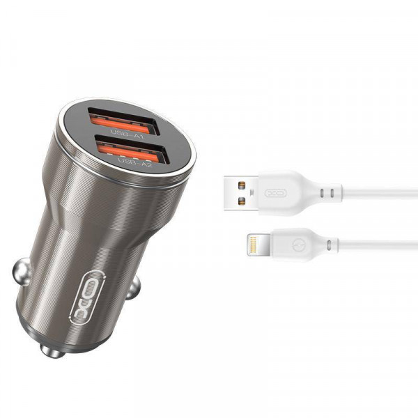 Фото - Автомобільний зарядний пристрій XO + кабель Lightning CC48 Smart Metal 2USB, 2.4A Grey (XO-CC48i-GR)