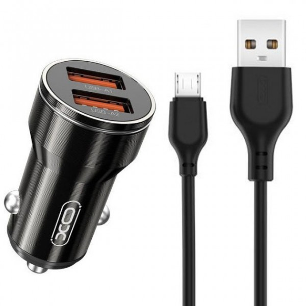 Фото - Автомобільний зарядний пристрій XO +кабель MicroUSB Smart Metal 2USB Black (XO-CC48m-BK)
