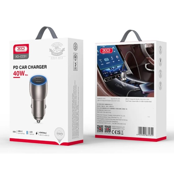 Фото - Автомобільний зарядний пристрій XO CC51 Metal Intelligent Dual PD40W with Lightning cable (XO-CC51+L)