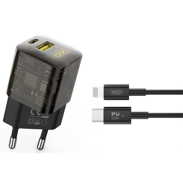 Фото - Сетевое зарядное устройство XO CE05 GAN PD30W+QC3.0 18W fast charger with lighting cable brown (XO-CE05+L)