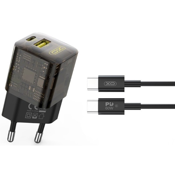 Фото - Сетевое зарядное устройство XO CE05 GAN PD30W+QC3.0 18W fast charger with Type-c cable black (XO-CE05+C)