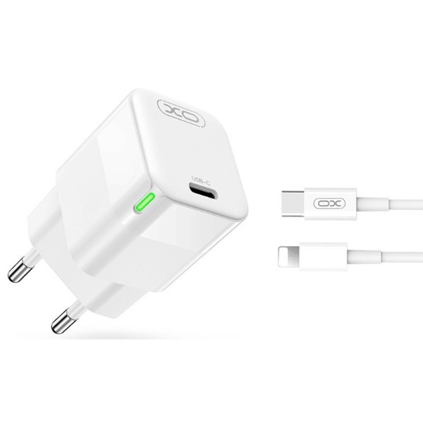 Фото - Сетевое зарядное устройство XO CE06 PD 30W GaN lamp display fast Charger with Lightning cable white (XO-CE06+L)