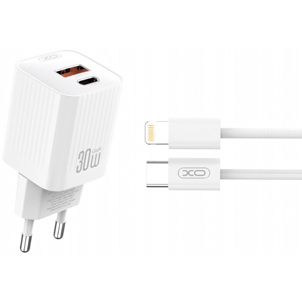 Фото - Мережевий зарядний пристрій XO L149 PD30W 1USB-A+1USB-C Charger with Lightning cable white (XO-L149+L)