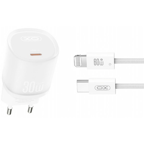 Фото - Мережевий зарядний пристрій XO L150 30W Single USB-C Fast Charger with Lightning cable white (XO-L150+L)