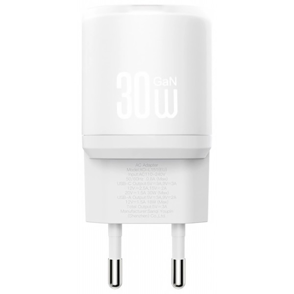 Фото - Сетевое зарядное устройство XO L150 30W Single USB-C Fast Charger white (XO-L150-White)