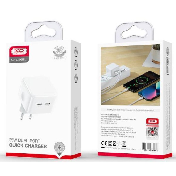 Фото - Мережевий зарядний пристрій XO QC 3.0 XO L102 35W/2 USB-C + кабель Lightning NB113 White (XO-L102i-WH)