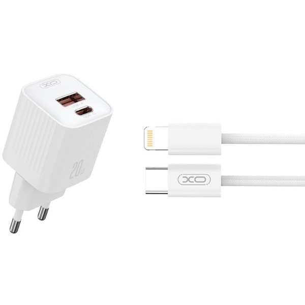 Фото - Мережевий зарядний пристрій XO L147 PD20W 1USB-A+1USB-C Charger with Lightning cable, white (XO-L147+L)