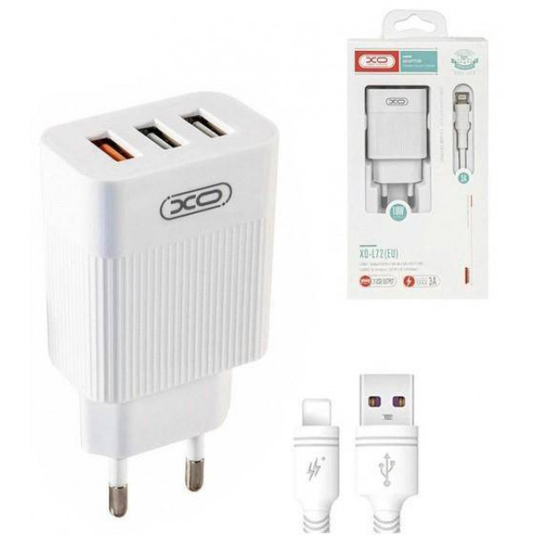 Фото - Мережевий зарядний пристрій XO QC 3.0 XO L72 30W (18W/1USB + 2.4A/2 USB) + кабель Lightning White (XO-L72i-WH)