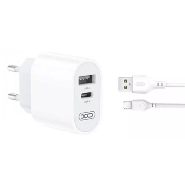 Фото - Сетевое зарядное устройство XO L97 (1Type-C/1USB/2.4A) + USB - MicroUSB White (XO-L97-MC)