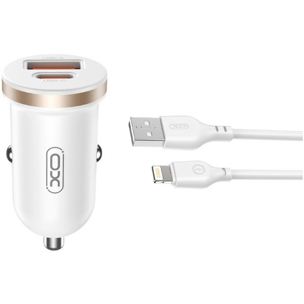 Фото - Автомобильное зарядное устройство XO CC56 Plastic mini A+C single port 30W+ Lightning cable white (XO-CC56+L-white)