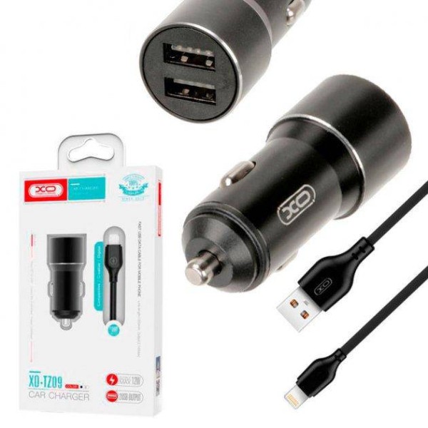 Фото - Автомобильное зарядное устройство XO TZ09 2.4A/2 USB + кабель lightning Black (XO-TZ09L-BK)