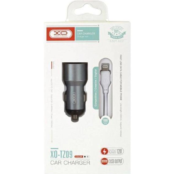Фото - Автомобильное зарядное устройство XO TZ09 2.4A/2 USB + кабель lightning Grey (XO-TZ09L-GR)