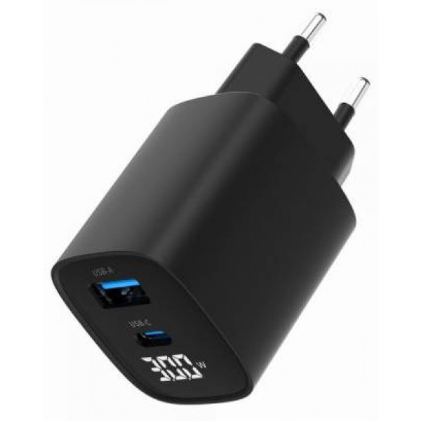 Фото - Мережевий зарядний пристрій Gembird USB-A (QC3.0 18W) +1 Type-C PD20W (TA-UC-PDQC30LCD-BK-01)