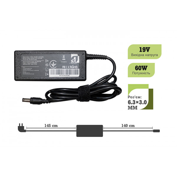 Фото - Зарядное устройство для ноутбука 1stCharger Acer 65W 19V 3.16A 6.3x3.0 силовой кабель (AC1STAC60WC)