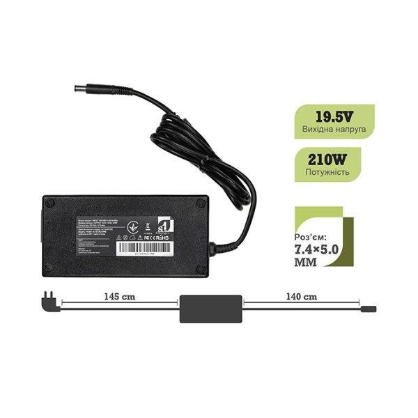 Фото - Зарядний пристрій для ноутбука 1stCharger Dell 210W 19.5V 10.8A 7.4x5.0 силовий кабель (AC1STDE210WB)