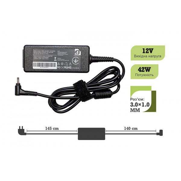 Фото - Зарядное устройство для ноутбука 1stCharger Samsung 42W 12V 3.5A 3.0x1.0 силовой кабель (AC1STSA42WС1)