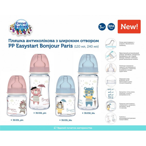 Фото - Пляшка для годування Canpol babies антиколікова з широким горлом PP Easy Start Bonjour Paris синя, 240 мл. (35/232_blu)