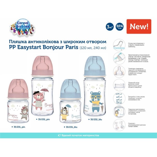 Фото - Пляшка для годування Canpol babies антиколікова з широким горлом PP Easy Start Bonjour Paris - рожева, 120 мл. (35/231_pin)
