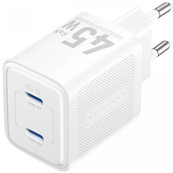 Сетевое зарядное устройство Vention 45W 2xUSB-С GaN White (FEFW0-EU) - Фото 1