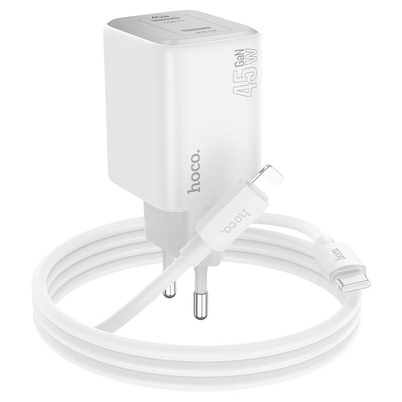Сетевое зарядное устройство HOCO N42 PD45W(2C) charger set (C to iP) White (6942007617116) - Фото 1