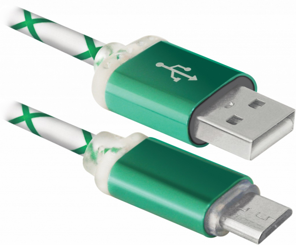 Кабель Defender USB08-03LT USB - Micro USB Green LED Backlight 1m (87557) - Фото 1
