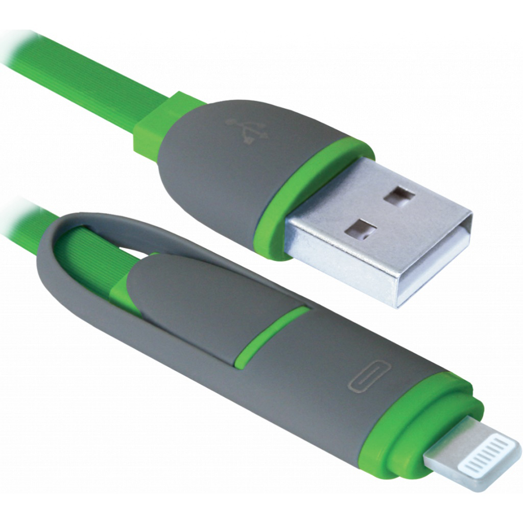 Кабель синхронизации данных Defender USB - Micro USB/Lightning USB10-03BP Green 1m (87489) - Фото 1