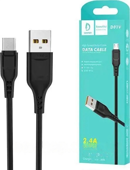 Кабель синхронизации данных Denmen D01V Silicone  USB - Micro USB 2.4A 1m Black (DM-D01V-BK) - Фото 1