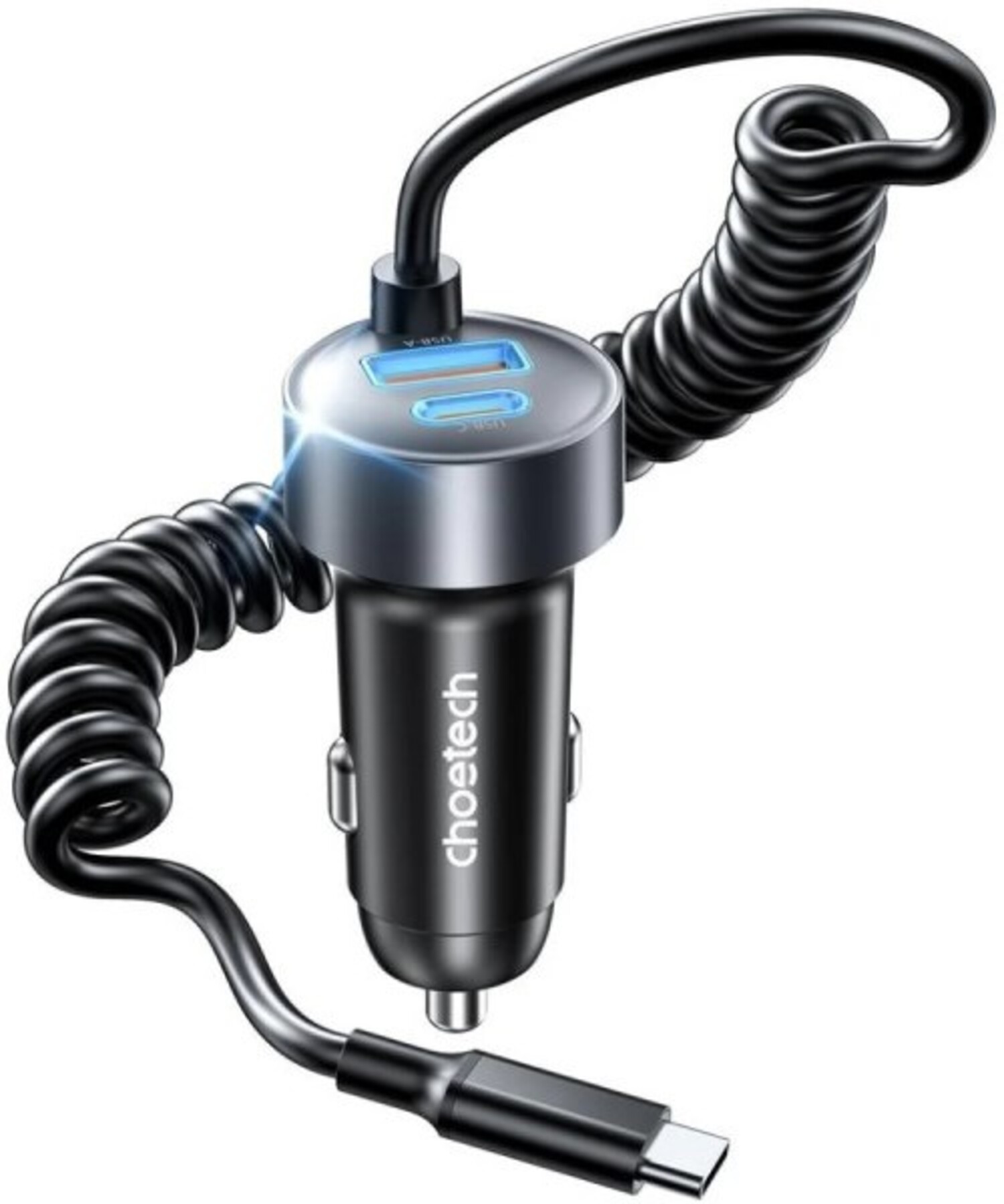 Автомобильное зарядное устройство Choetech 2xUSB 65W 1xUSB-C+1USB-A PD 30W with spring Type-C cable 1.2M (TC0030-BK) - Фото 1
