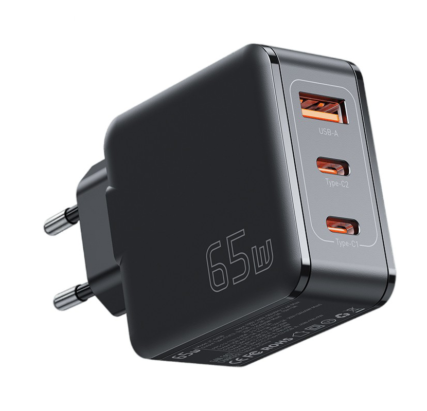 Сетевое зарядное устройство Essager 65W Travel Phone Charger USB A + 2 Type C EU Black (ECT2CA-JZB01-Z) - Фото 1